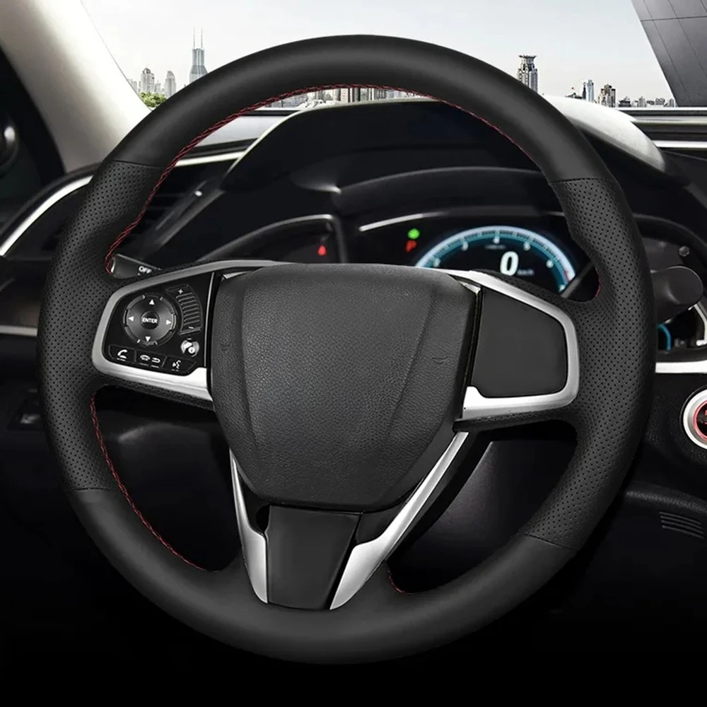 Hand-Stitched Car Steering Wheel Cover Non-Slip Black Artificial Leather For Honda Civic 10th Gen 2016 2017 2018