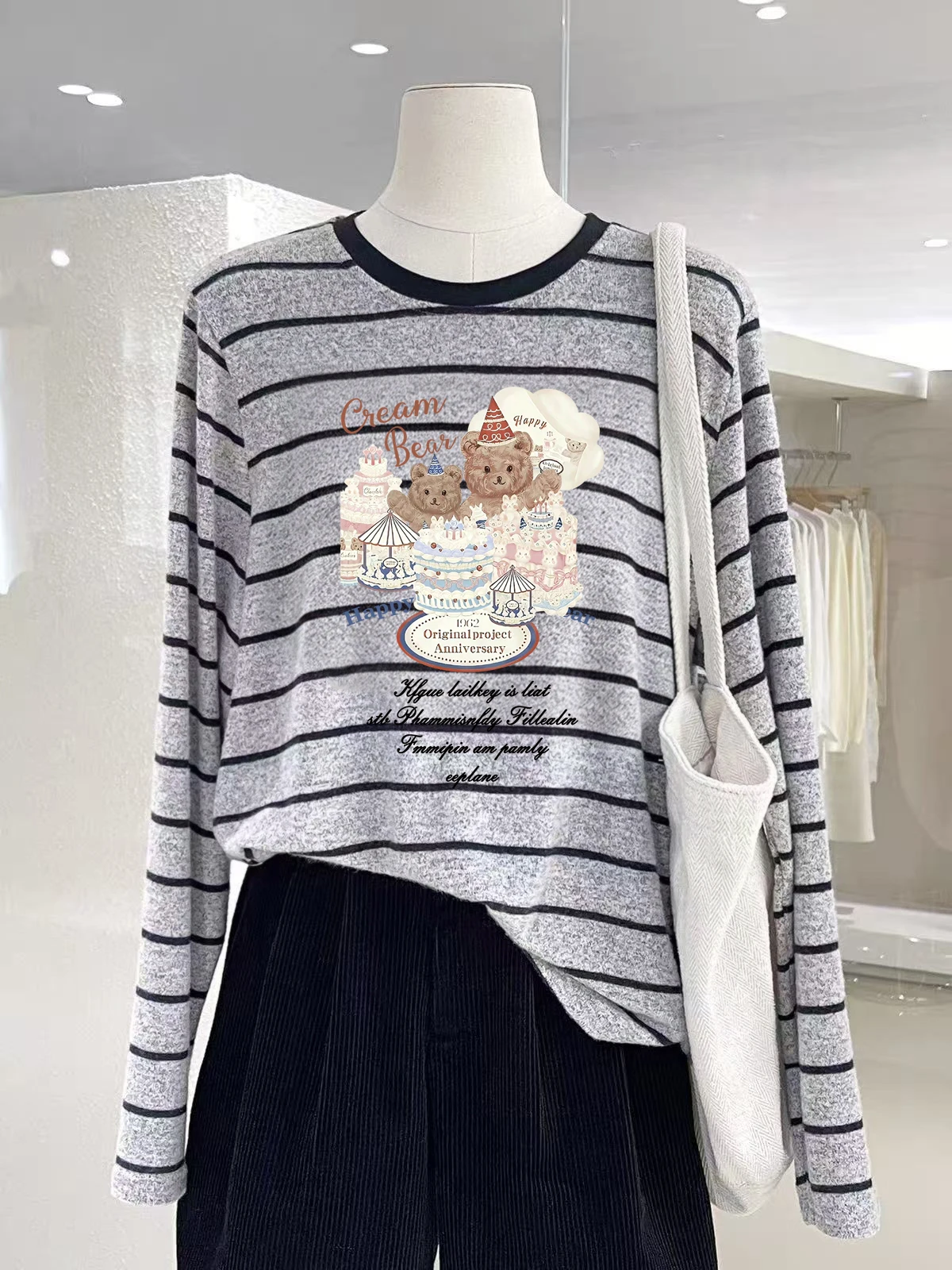Retro Anti-Aging Lazy Style Cashmere Texture Striped Color Block Long Sleeve T-Shirt Autumn Winter New Comfortable Versatile ...