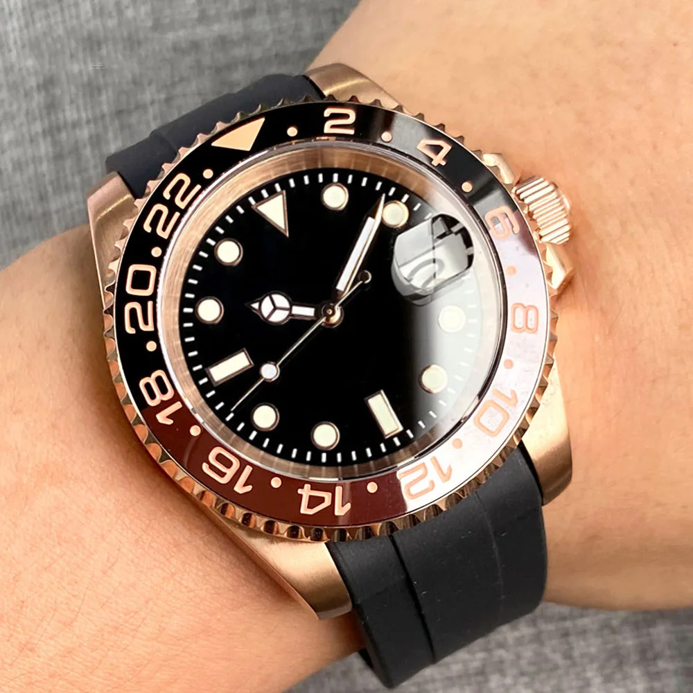 20ATM Diving 40mm Rose Gold NH35A PT5000 Black Dial Automatic Watch Men Sapphire Glass Curved End Rubber Strap Folding Buckle