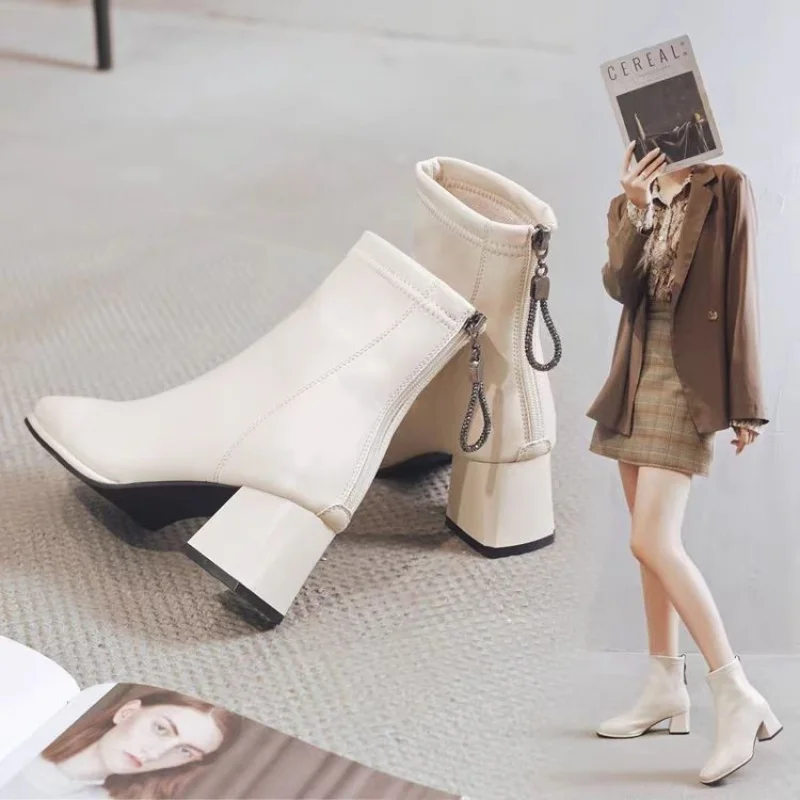 

Европейские и американские модные короткие ботинки Ботильоны на толстом высоком каблуке с квадратным носком