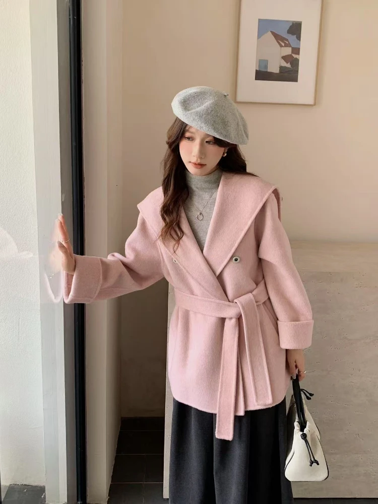 

Large Lapel Double-Sided Wool Jacket Ladies Elegant Solid Color Lace Up Woolen Coat Outerwear Vintage Thickened Winter Overcoat