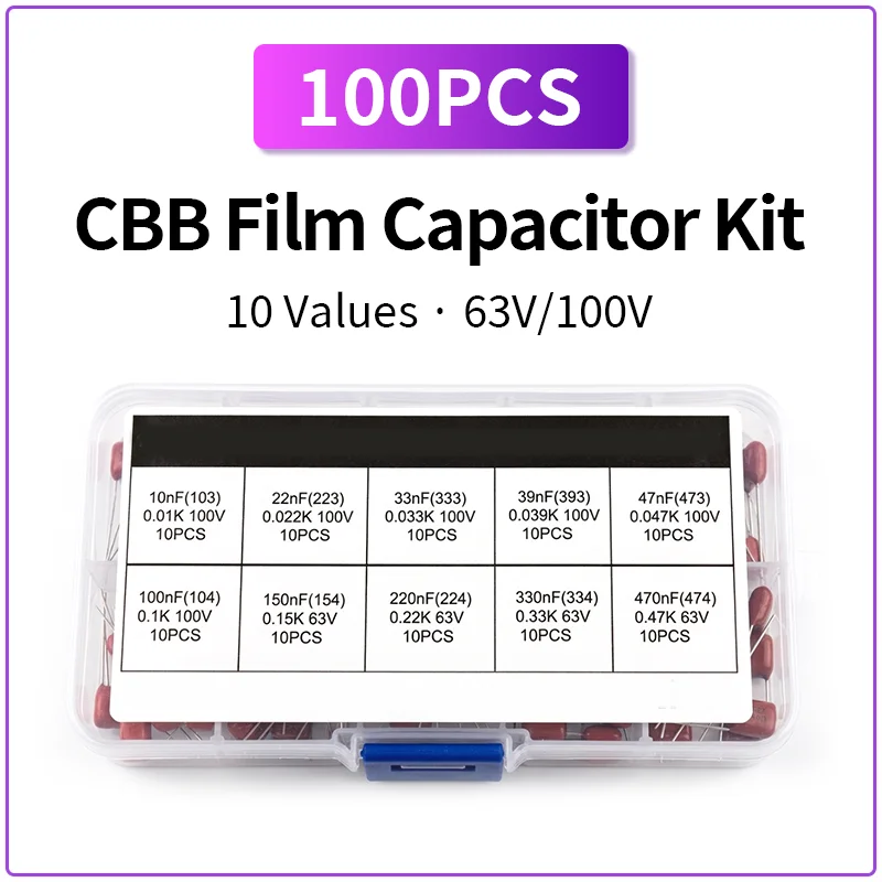 100PCS CBB Film Capacitor Kit 10nF-470nF 63V 100V Metallized Polypropylene Capacitor Set