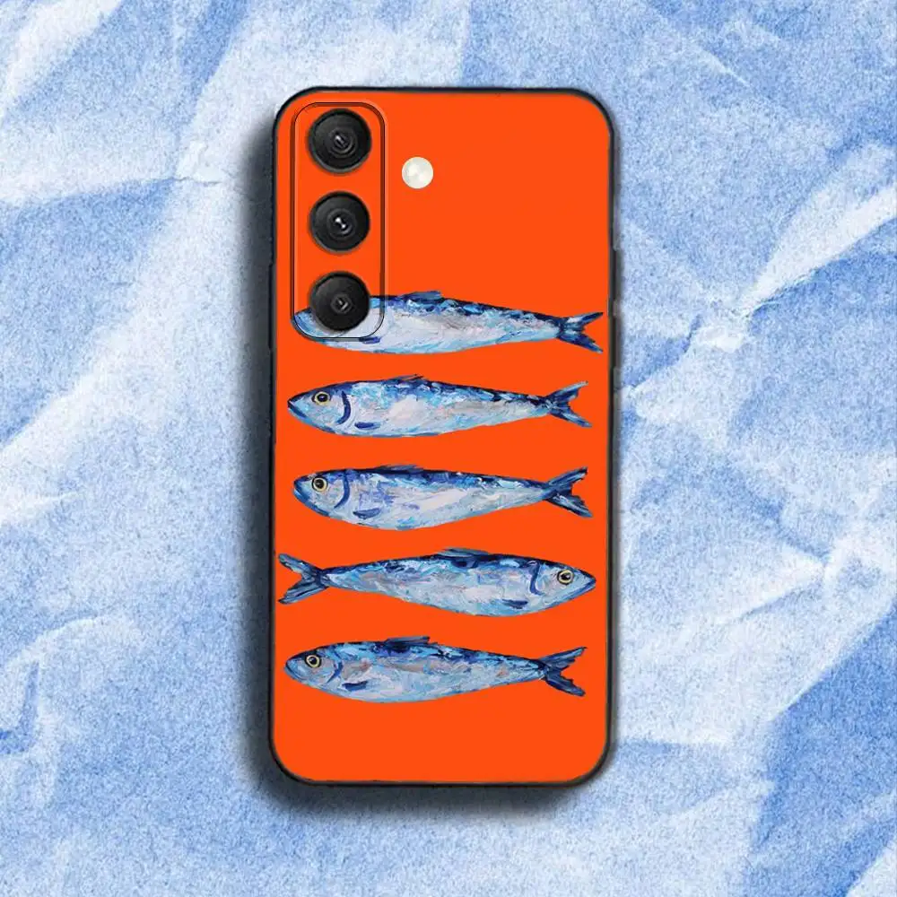 魚 F-Funny Sardines-S 電話ケース Samsung S25、S24、S21、S22、S23、S30、ウルトラ、S20、プラス、Fe、ライト、5G ブラックカバー用
