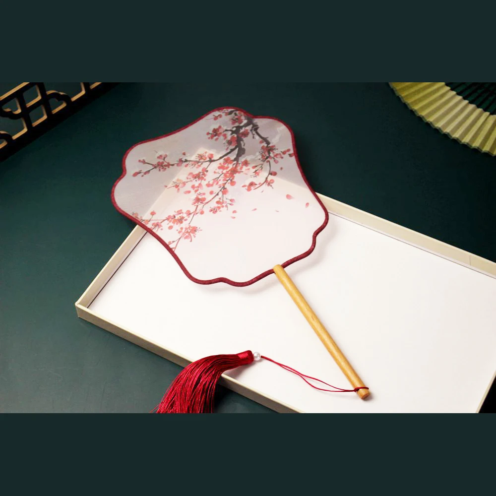 Abanico circular de seda con mango de madera, abanico de hada voladora, accesorios de anime Hanfu, abanico de seda de doble cara para coreografía y bodas
