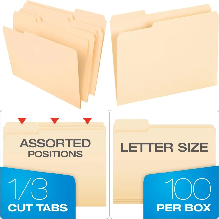 Map Pendaflex Ukuran Letter 8-1/2 x 11, Manila Klasik dengan Tab 1/3-Cut di Posisi Kiri, Kanan, dan Tengah, Ideal untuk Kantor