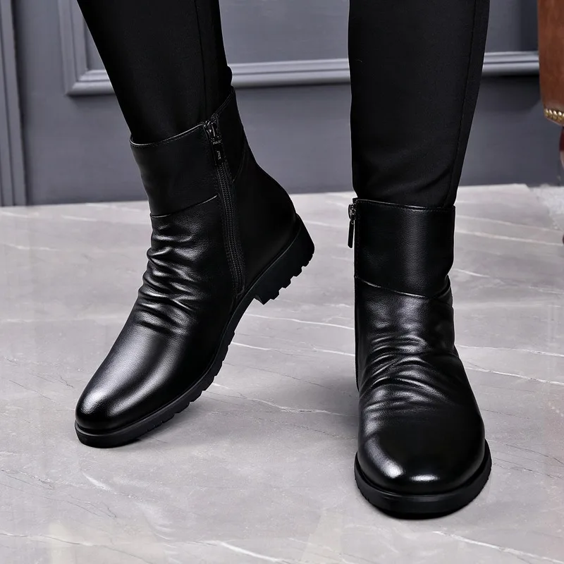 Genuine Leather Men Boots High Quality Cowhide Leather Boots Fashion High Top Motorcycle Boot Men's Business Casual Dress Boots