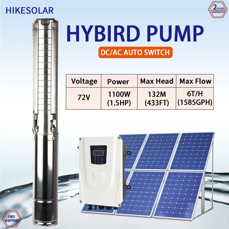 Hybrid 1.5HP Brushless deep well pump agricultural irrigation solar water pump SS304 Impeller Max Head 132m Max Flow 6T/H Model