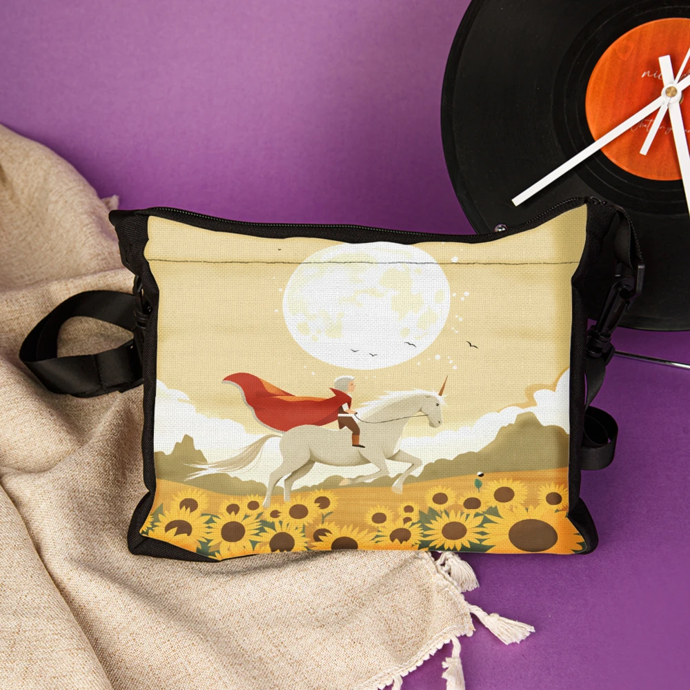 1pc Fashion Crossbody Bag Yellow Knight Riding White Horse Under Full Moon Sunflower Field Print Shoulder Bags For Women Travel