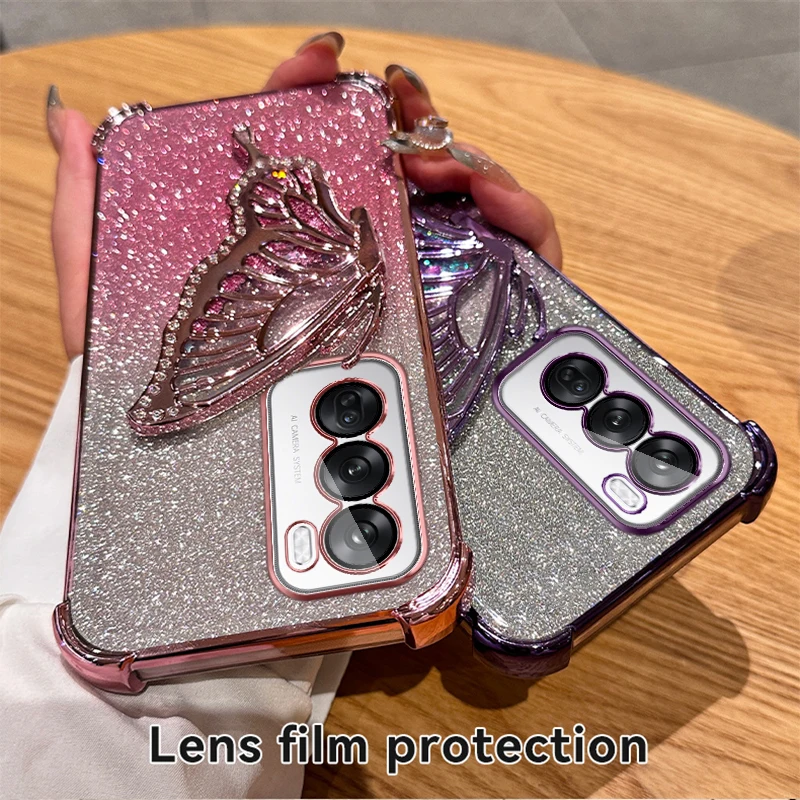 

Блестящий противоударный чехол-держатель для телефона с зыбучим песком и бабочкой для OPPO Reno 14 14F 13 13F 12 12F 11 11F 10 Pro, силиконовый чехол