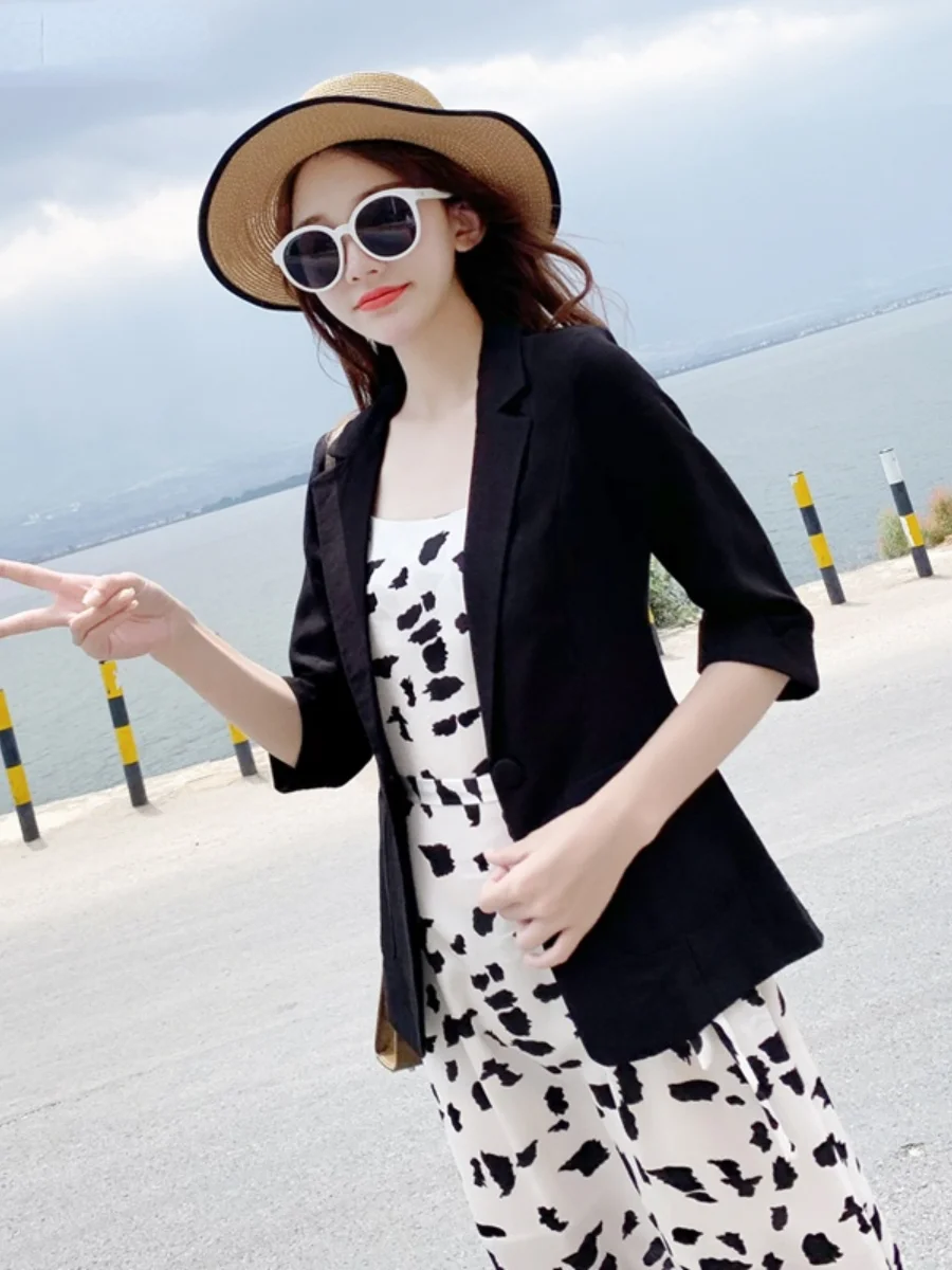 Women\'s Three Quarter Sleeve Suit Jacket for Summer Office Ladies Fashion White Casual Cotton and Linen Thin Blazers for Women