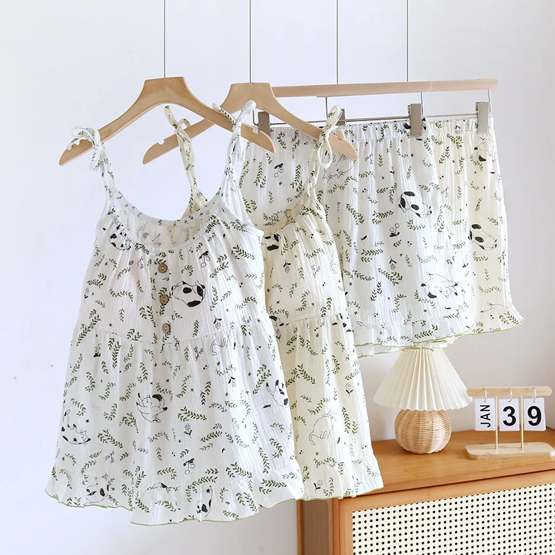 

2024 New Summer Women's Pajamas Two Piece Set 100% Cotton Crepe Cloth with Chest Cushion Suspender+Shorts Set Cute Home Fury