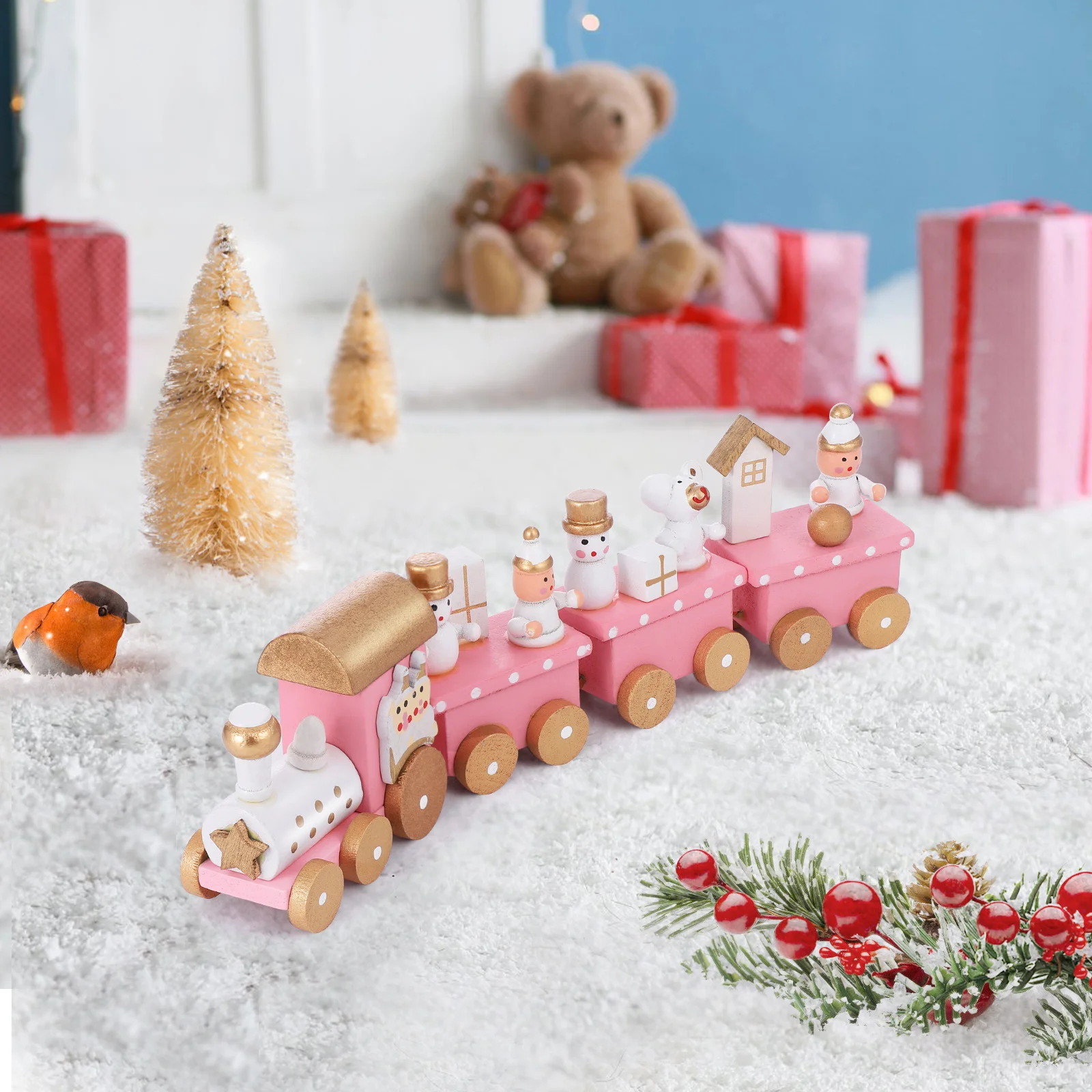 Wooden Train Kids Playing Mini Ornaments Decorations Christmas Toy 4 Section Desktop Girl