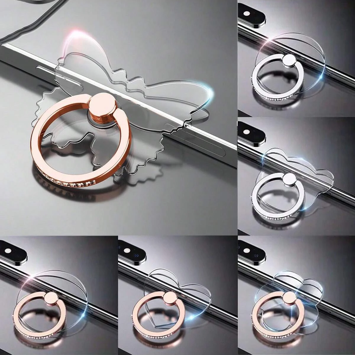 

Прозрачный держатель для телефона с кристаллами и бриллиантами 360° ° Вращающаяся универсальная подставка для пальцев, совместимая со всеми телефонами и чехлами, 1 шт.