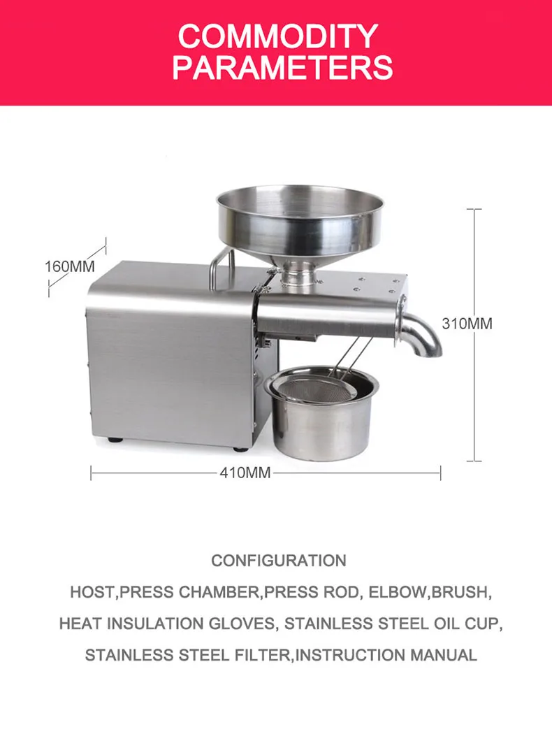 Máquina exprimidora automática para el hogar y la negocios, tornillo de acero inoxidable, prensa de aceite frío y caliente, equipo de extracción de oliva, maní y almendra