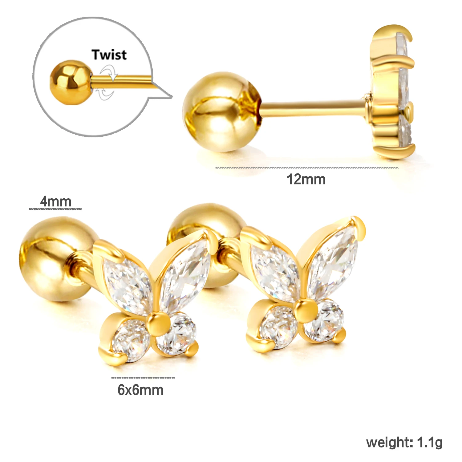 3 Pairs Gold Mini Butterfly CZ Stud Earrings Set Stainless Steel Ball Back Wholesale Cartilage Piercing Jewelry