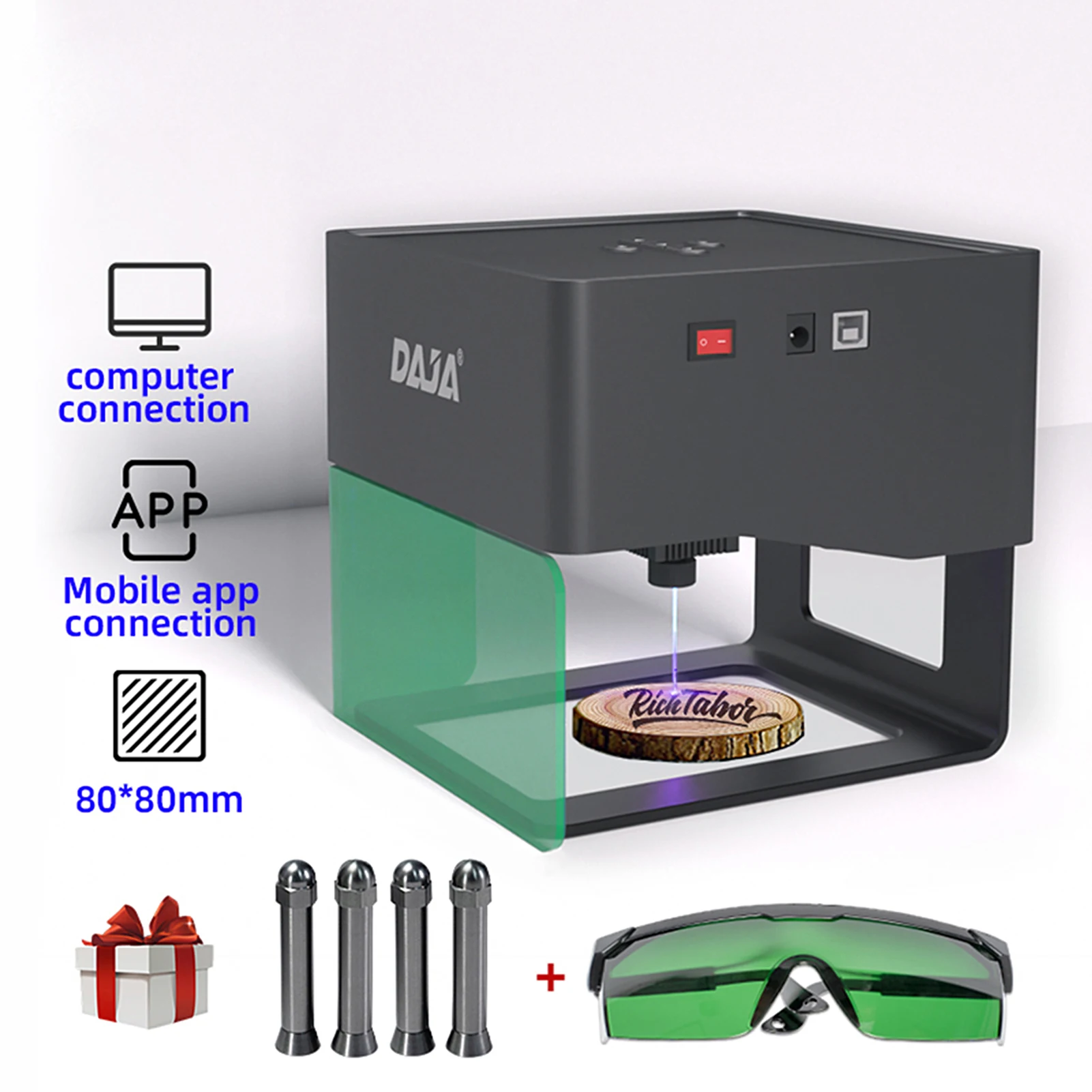 Mesin Ukir Portabel DIY Penanda DAJA DJ6 Pengukir Laser untuk Kerajinan Tangan DIY Pencetak Logo Area Ukiran 80x80mm dengan 4PC