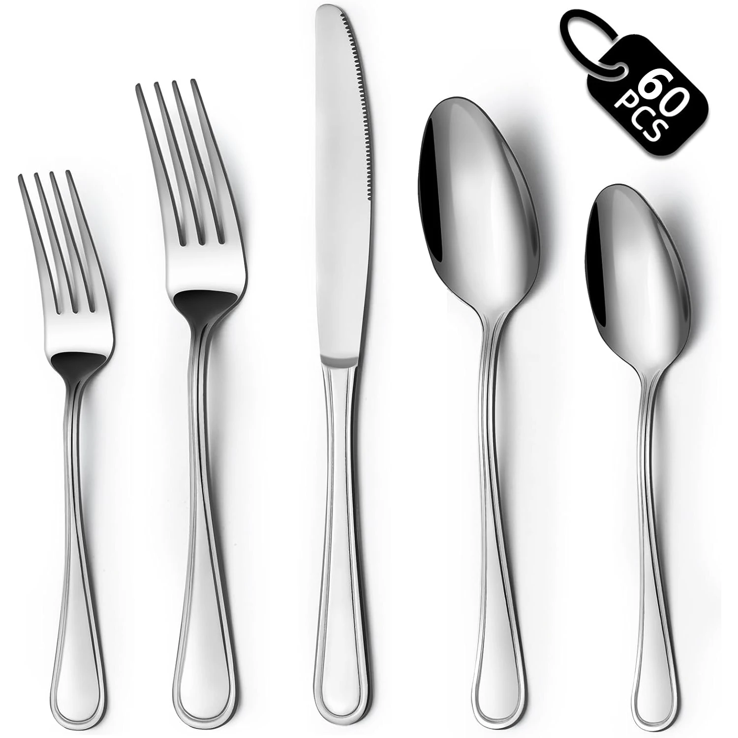 

60-Piece Silverware Set, Stainless Steel Flatware Service for 1, Modern Tableware Cutlery for Home, Elegant Eating Utensils Incl