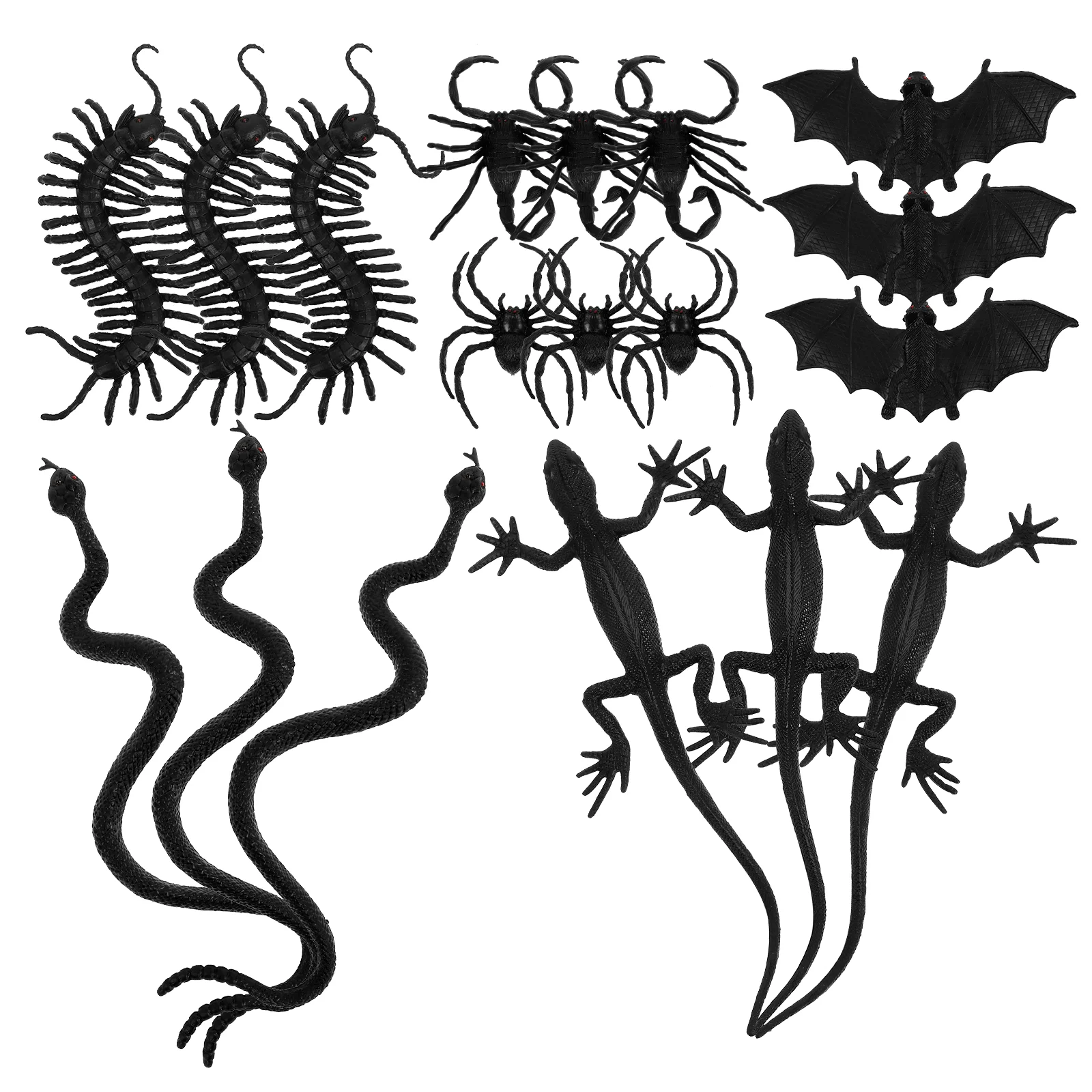 18pcs Simulated Spider Centipede Snake Model Party Pranks Animal Toy for Halloween Party Decor Black