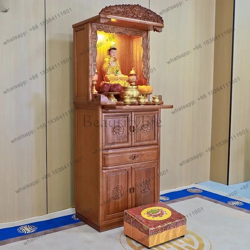 Solid Wood Shrine Cabinet Buddhist Hall Guanyin Bodhisattva Household Offering Table Four-door Shrine Stand Cabinet
