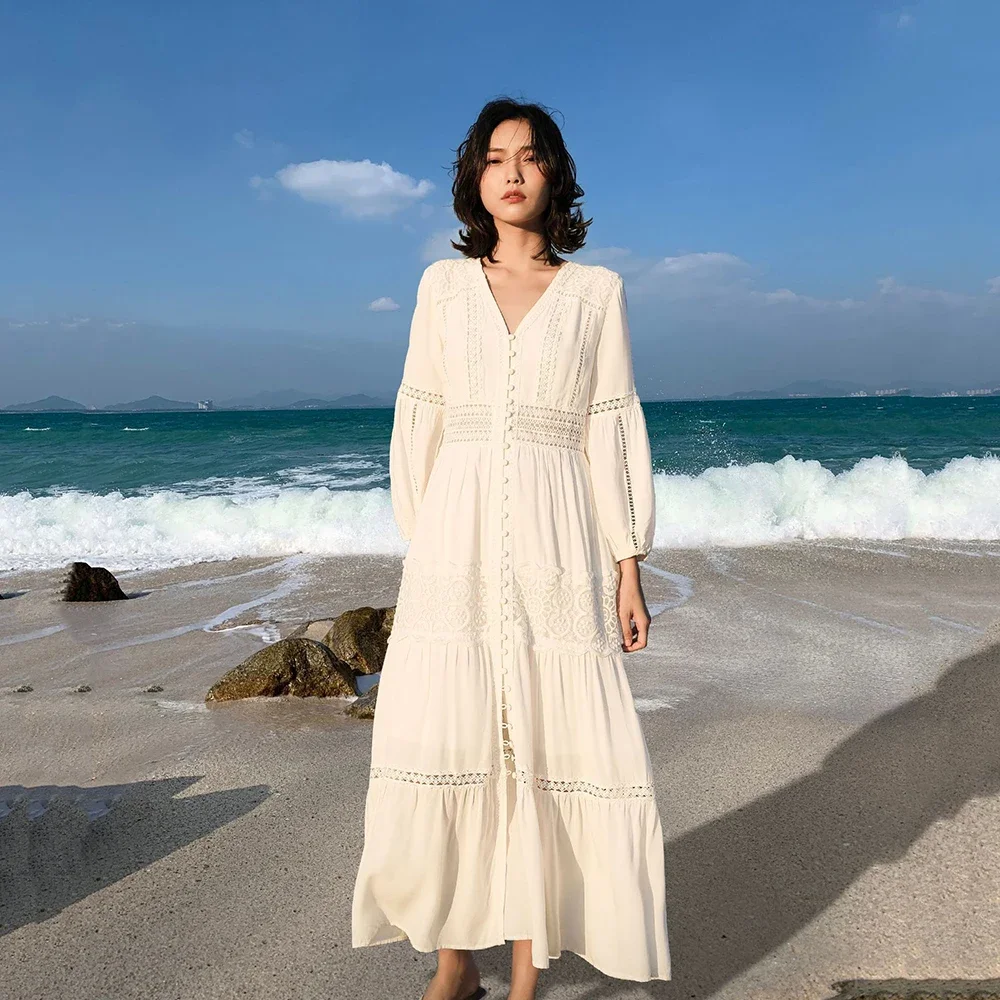 Robe longue en coton à boutonnage simple pour femmes, manches longues bouffantes, robe de plage élégante, blanc Boho Maxi, été, automne