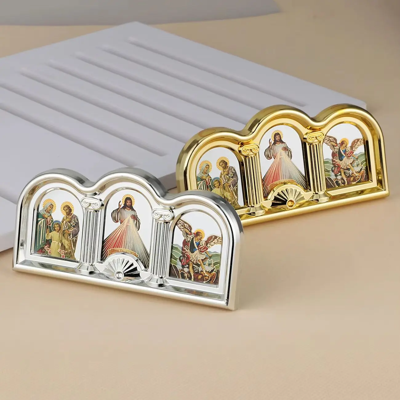 Holy Family St. Michael Triptych Icons Sticker Catholic Divine Mercy Jesus Christ Image Frame Tabletop Prayer Home Church Decor