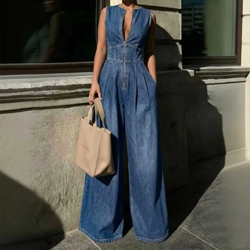UOOZEE Women Fashion Streetwear Sleeveless Denim Wide Leg Jumpsuit 2026 New High Waist Loose Pockets Zipper Trendy Jean Overalls