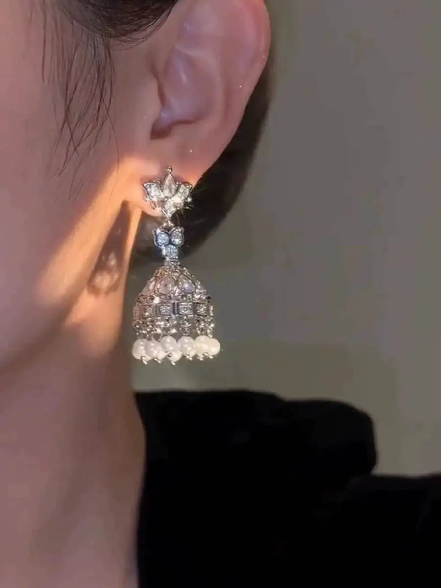 Indian Exaggerated Birdcage Earrings Fashion Annual Meeting Luxurious Lantern Zircon Tassel Wind Chime Bell Earrings Banquet - view 6