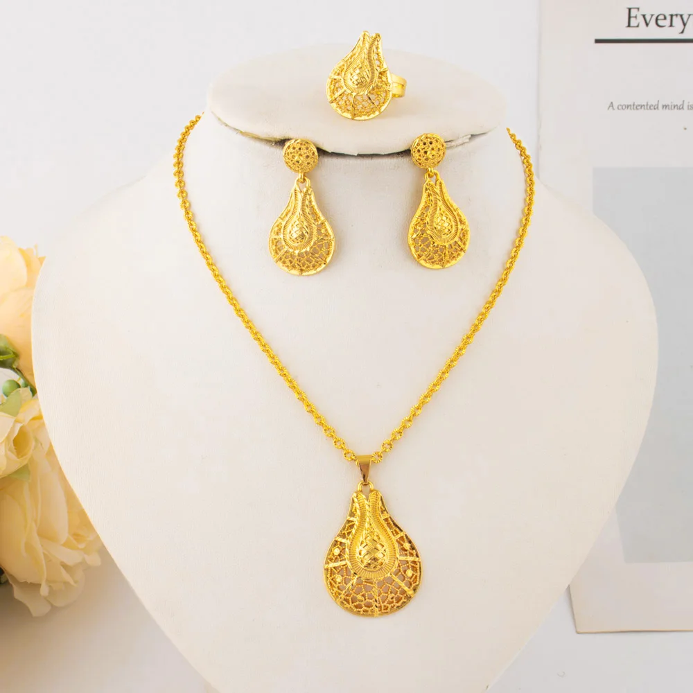 

Nigerian Stamen Shape Jewelery Set For Women Dubai Luxury Gold Color Earrings Ring Arab Necklace Apply to Mother's Day Party Gif