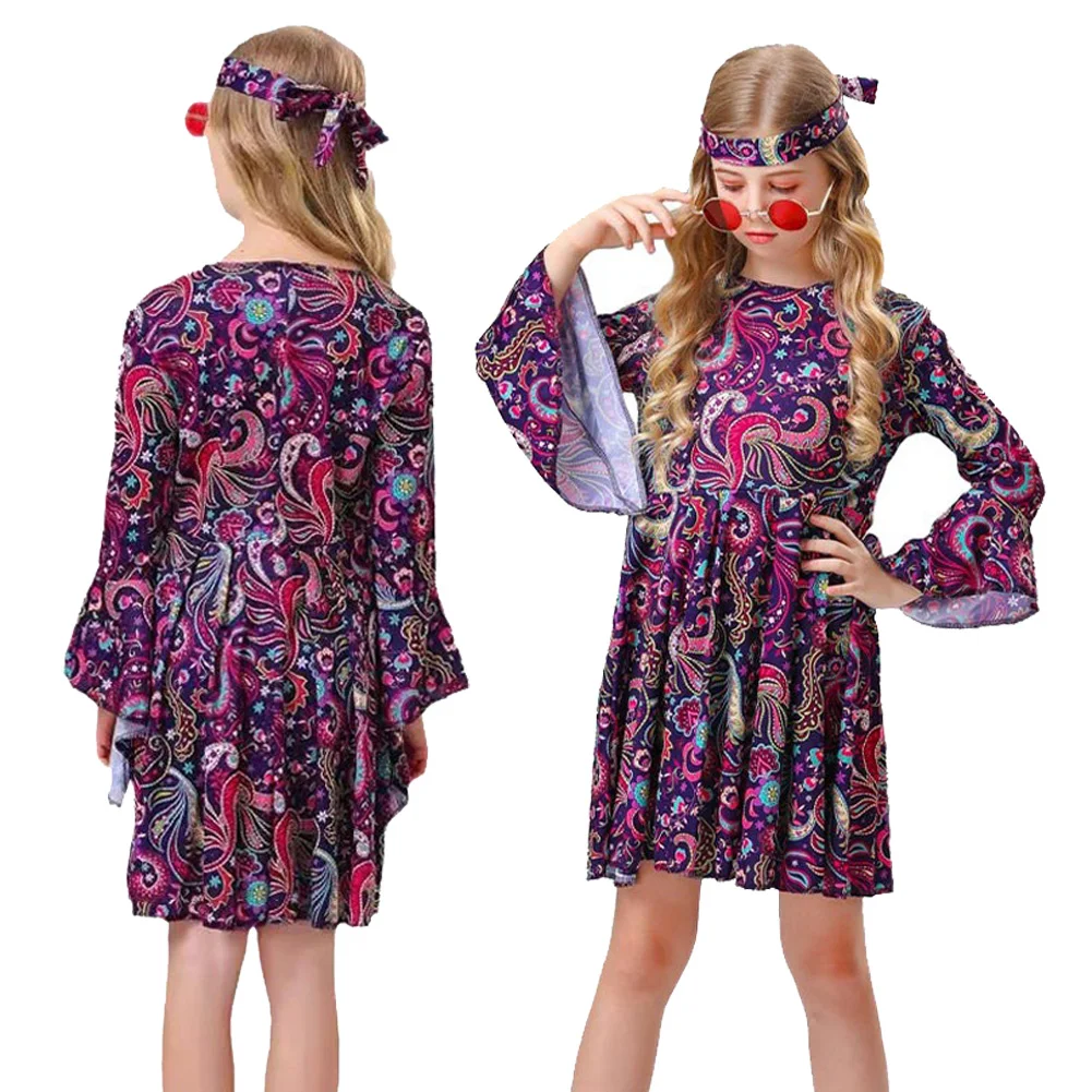 

70s 80s Party Disco Cosplay Child Girls Dress Hippie Fantasia Costume Kids Children Role Play Fancy Dress Up Party Cloth