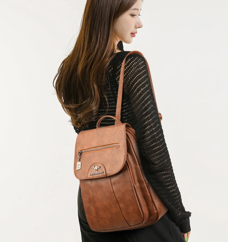 PU leather women's backpack, large-capacity casual single-shoulder bag, multi-functional student travel bag, women's bag