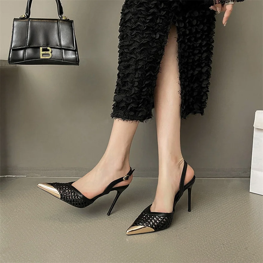 BIGTREE Summer Fashion Hollow Women Stiletto Heel Sandals Advanced Metal Pointed Toe Back Strap Pumps 8.5 cm
