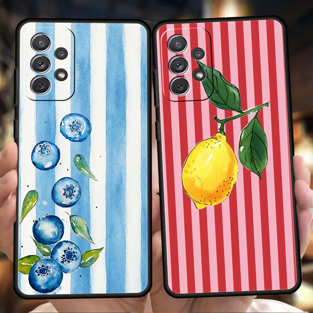 Phone Case For Samsung A17 A15 A13 A51 A71 A41 A07 A35 A55 A23 A25 A33 A53 A73 A57 A37 5G Cover Colorful Fruit lemon Striped