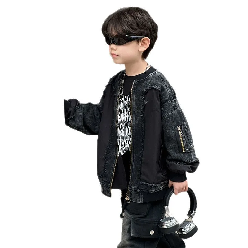 2025 New Boys' Raw Edge Denim Jacket New Children's Top Zipper Shirt