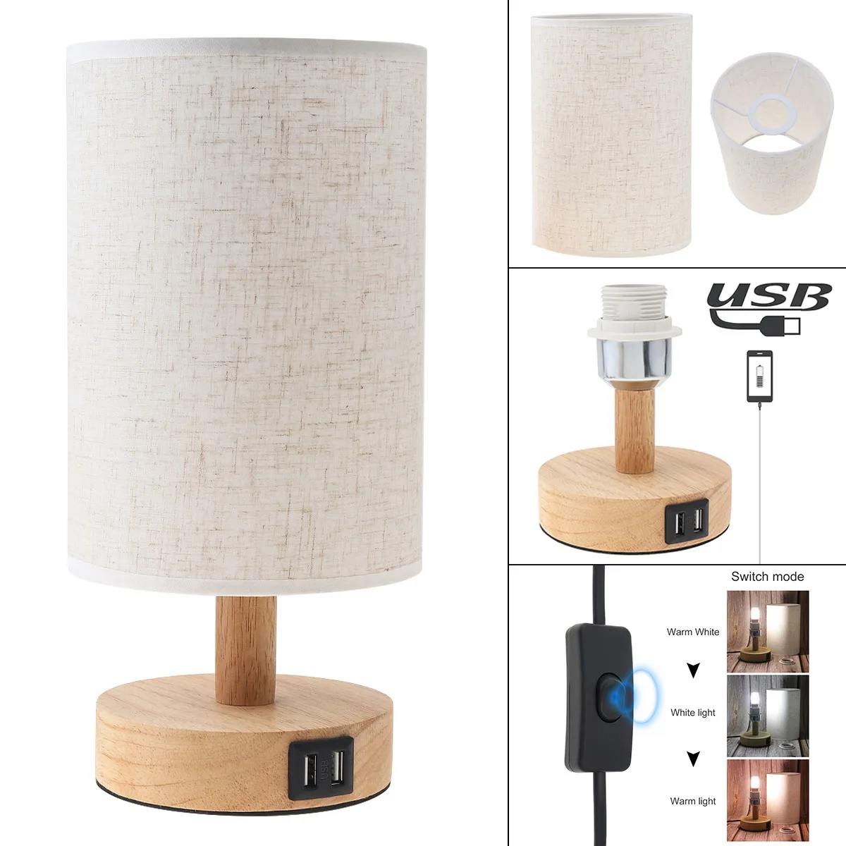 Dimmable Night Light Bedside Lamp 12W LED Wooden Table Lamps with USB Charging Ports for Bedroom Study Room Living Room Lighting