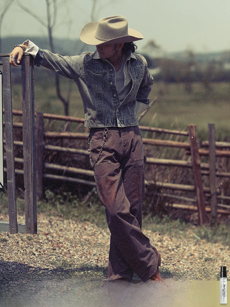 

Western Series High Waist Wide Leg Workwear Pants Embroidered Weathered Look Youthful Energy Cotton Straight Cut Autumn Winter