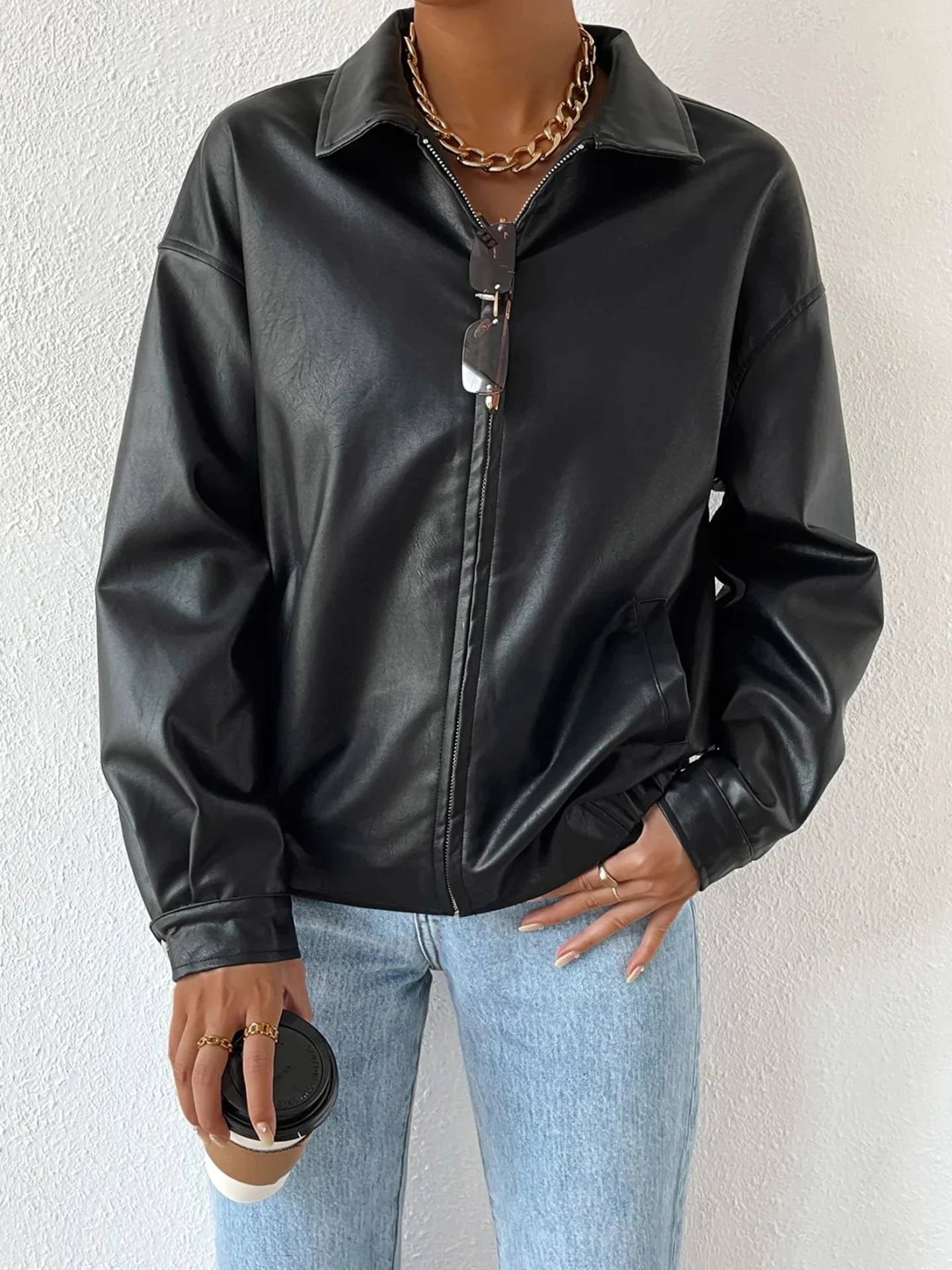 Fall New Women's Commuter Style PU Leather Short Jacket Zipper Long Sleeve Shoulder Drop Outerwear Fashion Standard Fit