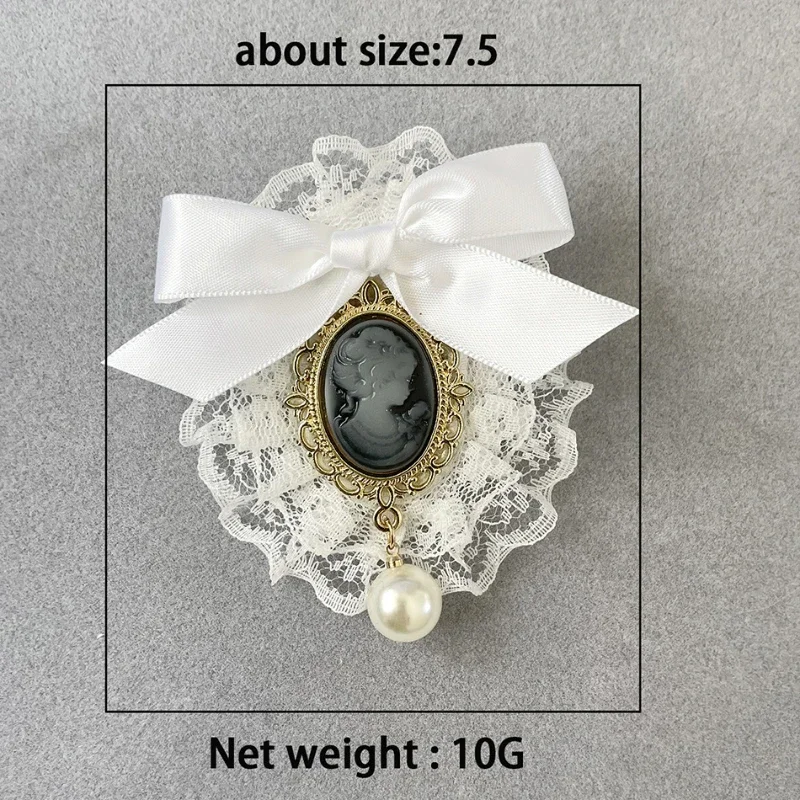 Vintage Handmade Fabric Art Lace Bow Broszki dla kobiet Beauty Head Pearl Corsage College Style Collar Pins Biżuteria Akcesoria — zdjęcie 6