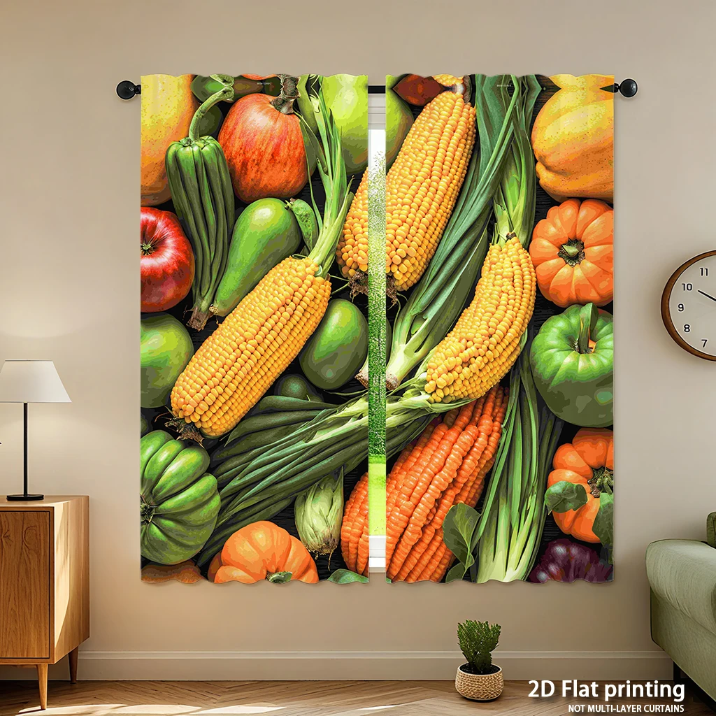 2-piece set of high-definition digital printed curtainsmulticolor seasonal vegetables harvest style curtainHome decoration style