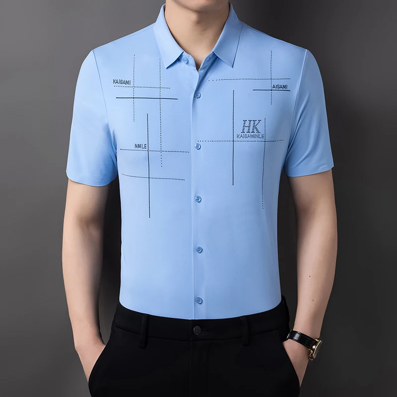 Men\'s Shirt Ice Silk Business Casual Shirt 2024 Summer New Short Sleeve Shirt Highly Elastic Comfortable Wrinkle Resistant Top