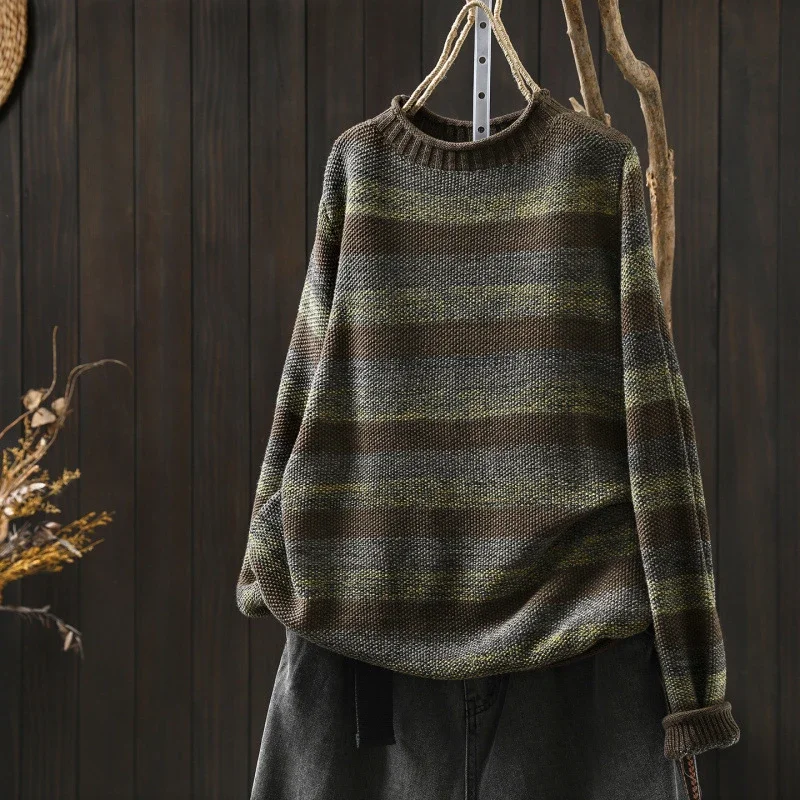 Women Vintage Mori Girl Striped Knitted Sweaters Pullovers Autumn New O-neck Long Sleeve Casual Loose Knitwear Tops