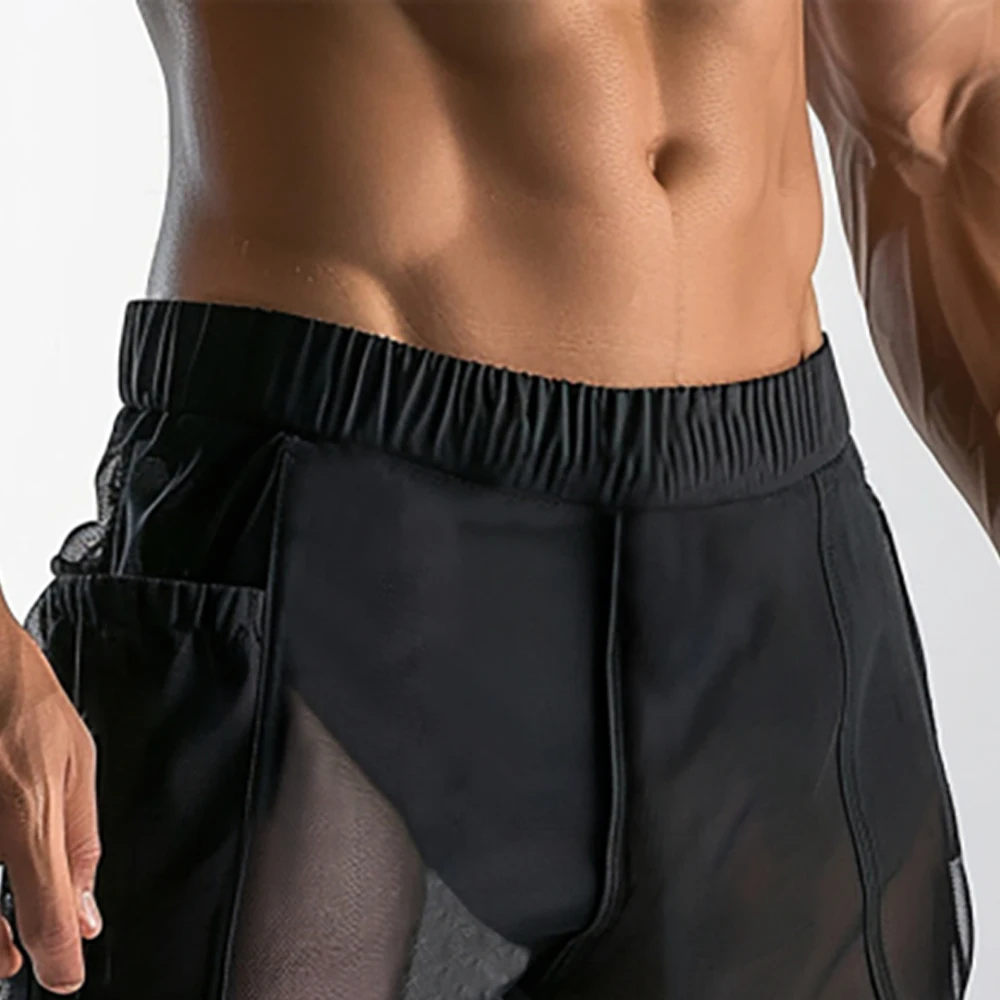 Men\'s Gym Shorts Sexy See-Through Mesh  Home Wear Shorts For Men With Lining Lounges Male Knee Length Pants Fashion Sweatpants