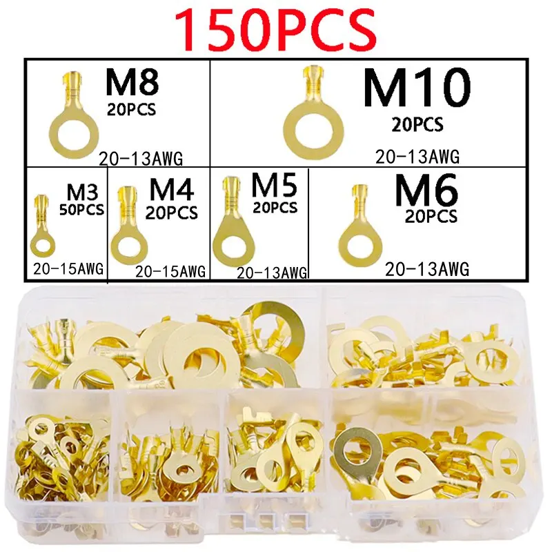 150pcs 8 Types Copper Wire Lugs Crimp Wire Connector Eyelets Cable Connection Clamp for Industrial Electric Battery