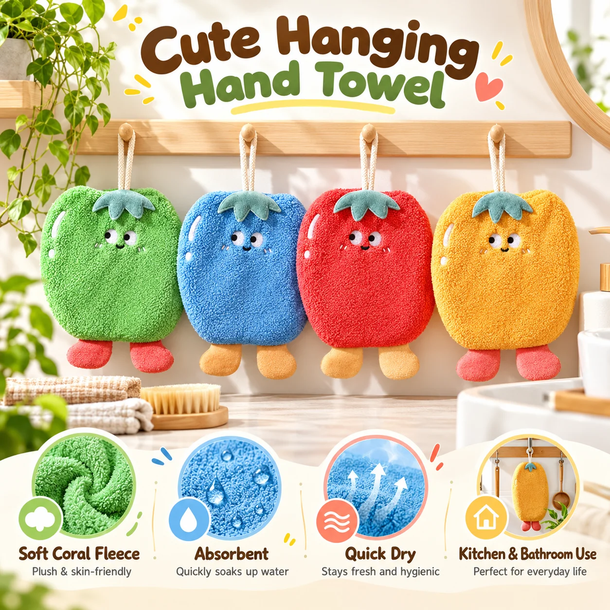 Absorbent Coral Fleece Hand Towel, Dopamine Vegetable Design, Hanging Square Towel for Kitchen and Bathroom