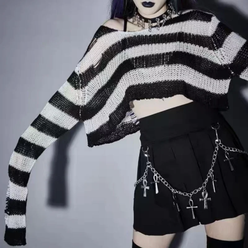 New Pink Striped Gothic Sweaters Women Ripped Holes Loose Knitted Pullover Frayed Fairy Grunge Jumpers Emo Streetwear Lolita