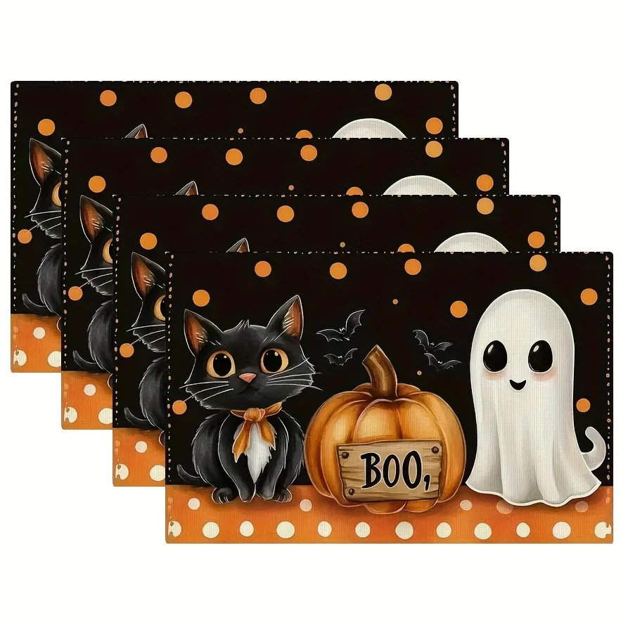 4pcs Set Halloween Smiling Little Pattern Placemats, Seasonal Daily Holiday Decoration, Suitable for Home Kitchen Dining Room