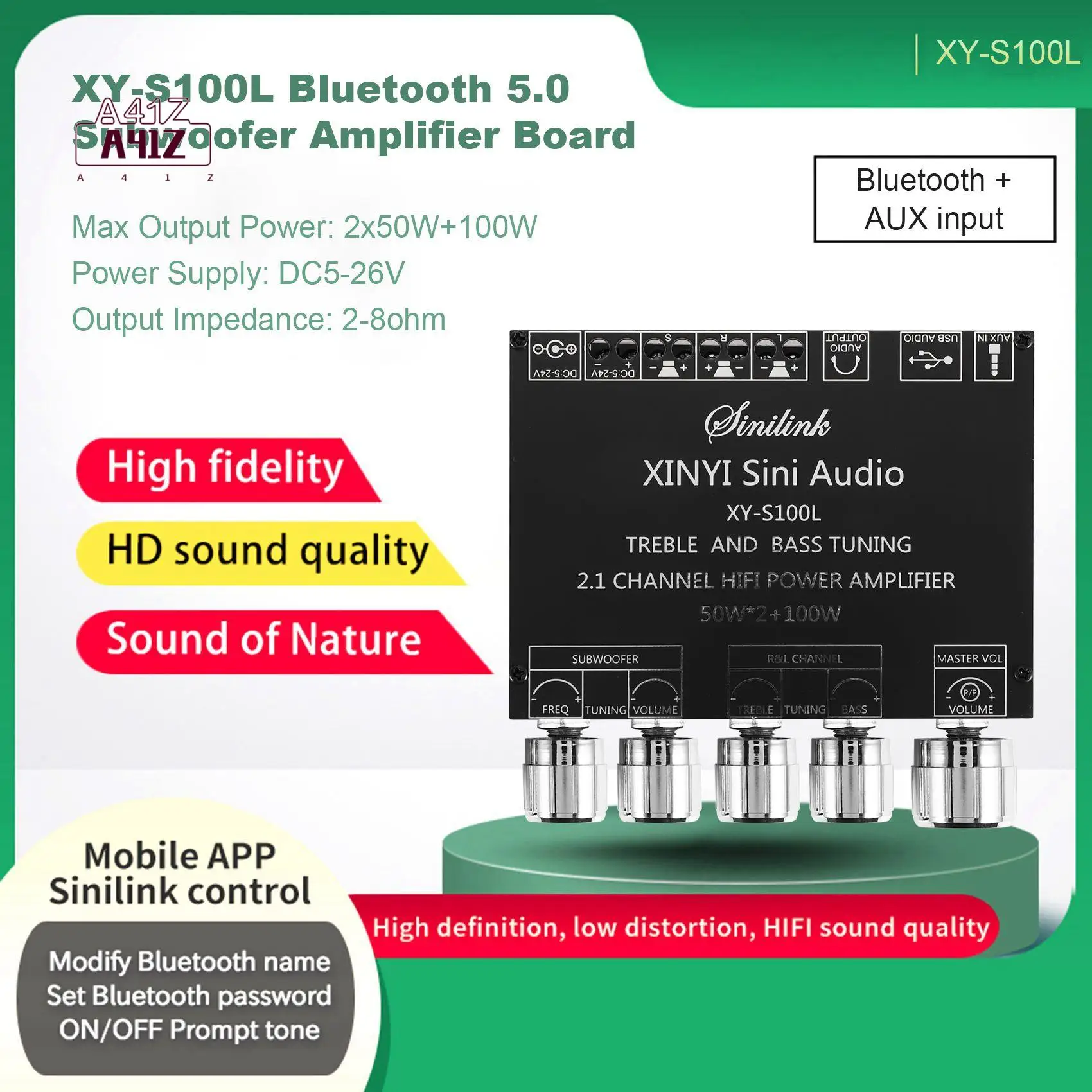 

A41Z-Bluetooth 5.0 2.1 Channel Power Audio Stereo Subwoofer Amplifier Board 50WX2+100W Speaker AMP XY-S100L
