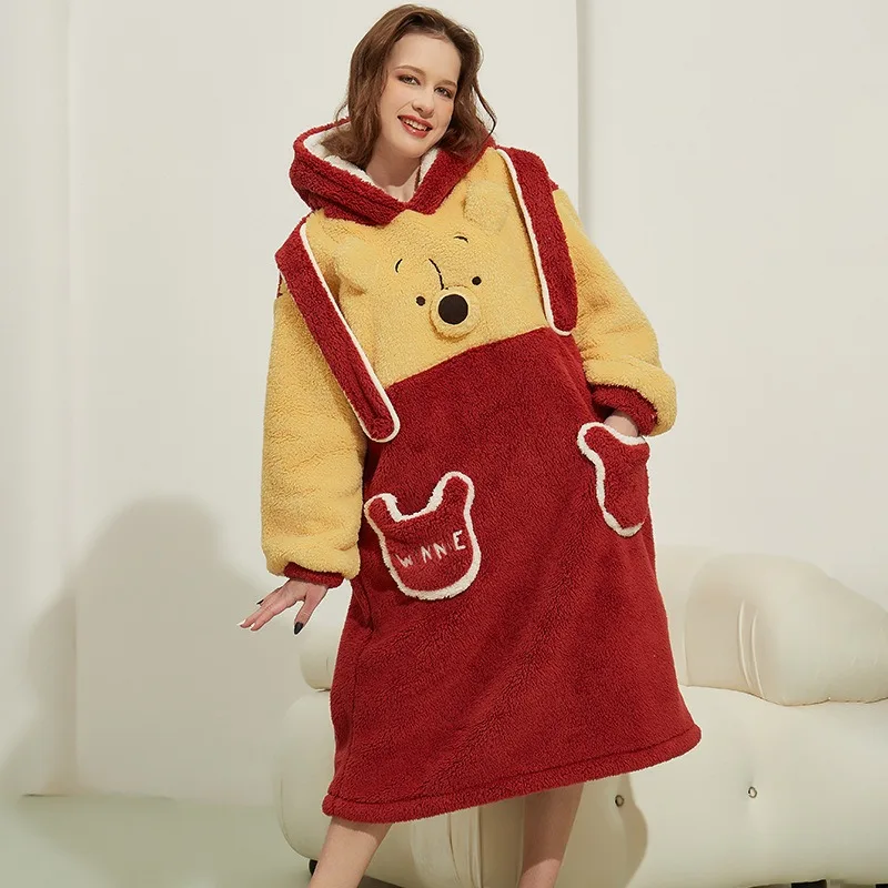 Large size coral fleece pajamas women's winter thickened bear pajamas long hooded cartoon pajamas loungewear