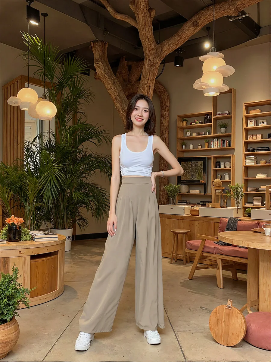 Pants Oversize Woman Apricot Khaki Pink Smooth Fabric Women Sleek Look Elegant Office Lady Work Business Formal High Waist