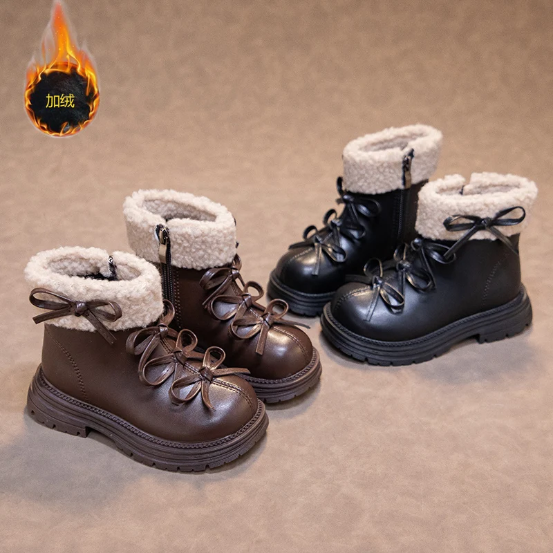 

Children's Winter Ankle Leather Boots New Sweet Bowknot Girls Princess Cotton Boots Fashion Thick Bottom Kids Plush Boots Warm