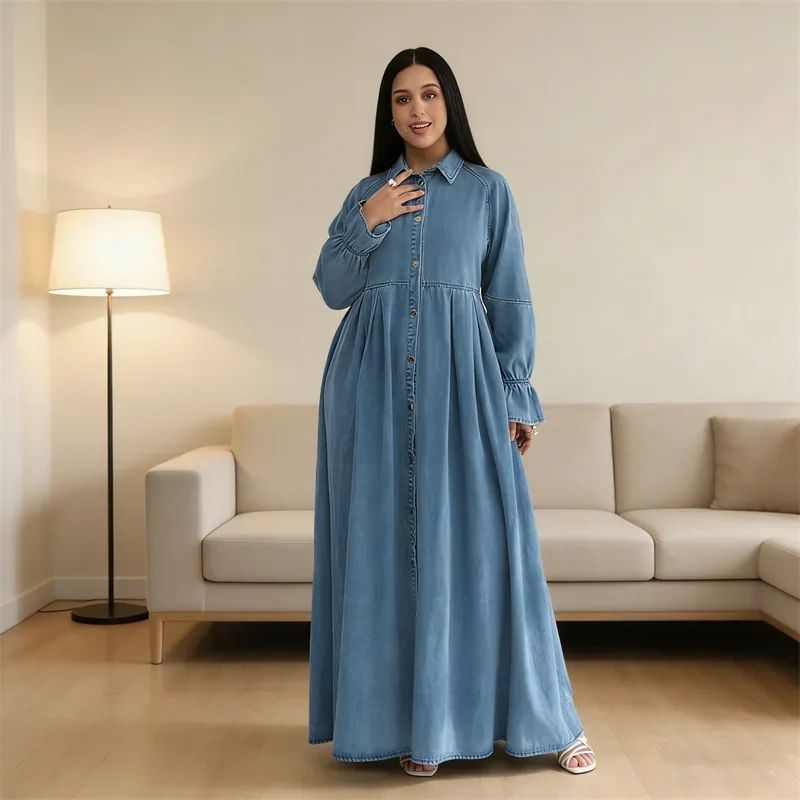 

Women Jeans Dress Middle Eastern Long Robe Ramadan Dubai Abaya Turkey Kaftan Eid Islam Clothing Arabic Robe Denim Dresses Caftan